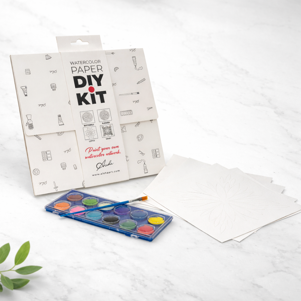 Mixed Watercolor DIY Art Kit with watercolor set, brush, and pre-cut 100% cotton paper designs