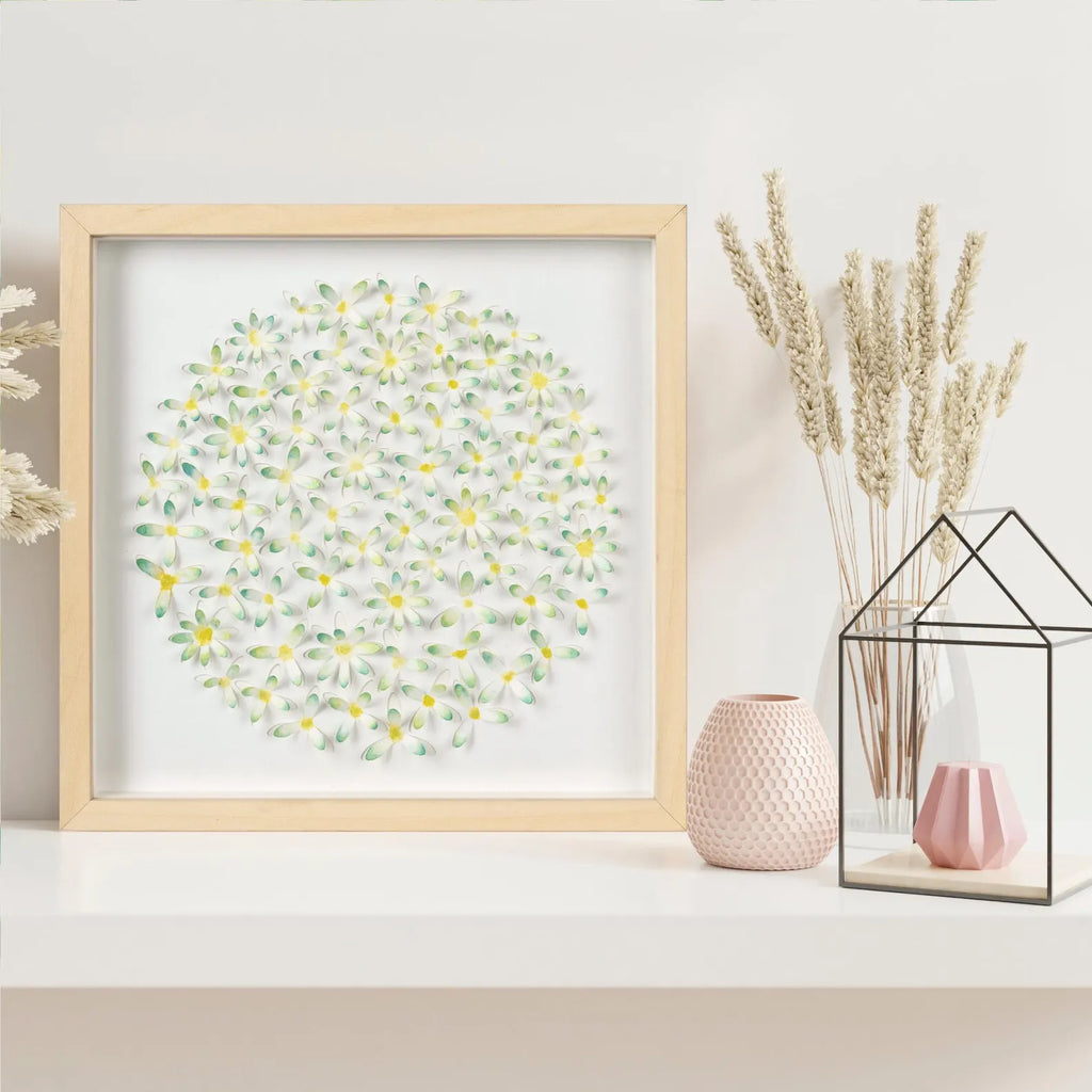 Botanical daisy paper wall art styled on a light shelf with soft neutral decor
