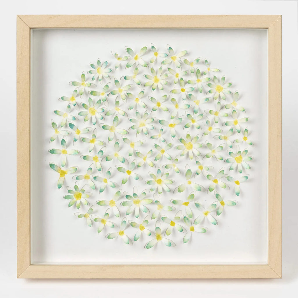 Handmade 3D daisy wall art in a natural wooden frame on a white background