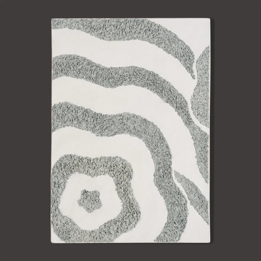 Single left panel from a textured abstract canvas diptych in soft sage-grey tones
