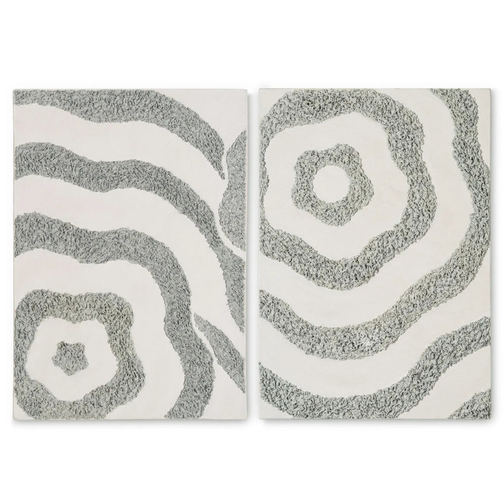 Two textured abstract canvases shown together on a white background as a diptych set