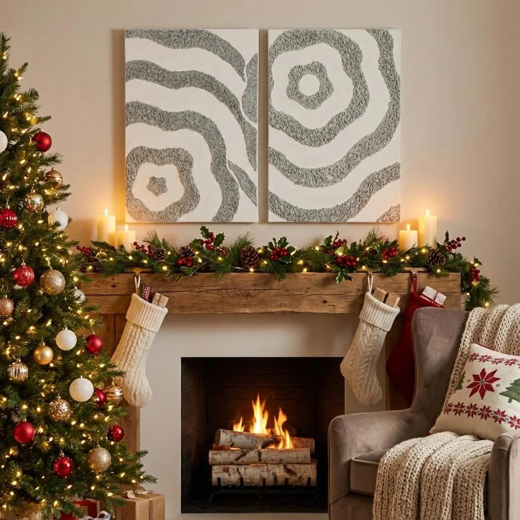 Textured abstract diptych wall art displayed above a neutral sideboard