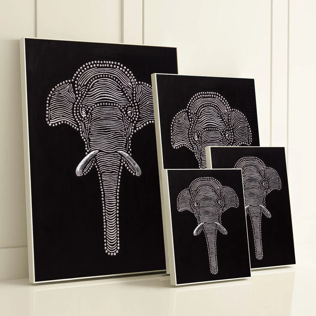 Textured elephant canvas art shown in multiple size options