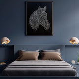 Handmade horse relief canvas displayed above a bed in a dark modern bedroom