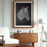 Handmade horse relief canvas displayed above a wooden console in a modern interior