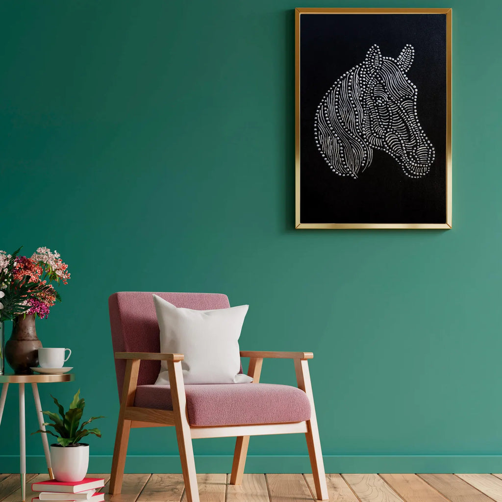 Textured horse wall art styled on a green accent wall