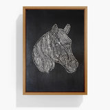 Textured horse wall art in a natural wood frame on a black canvas background