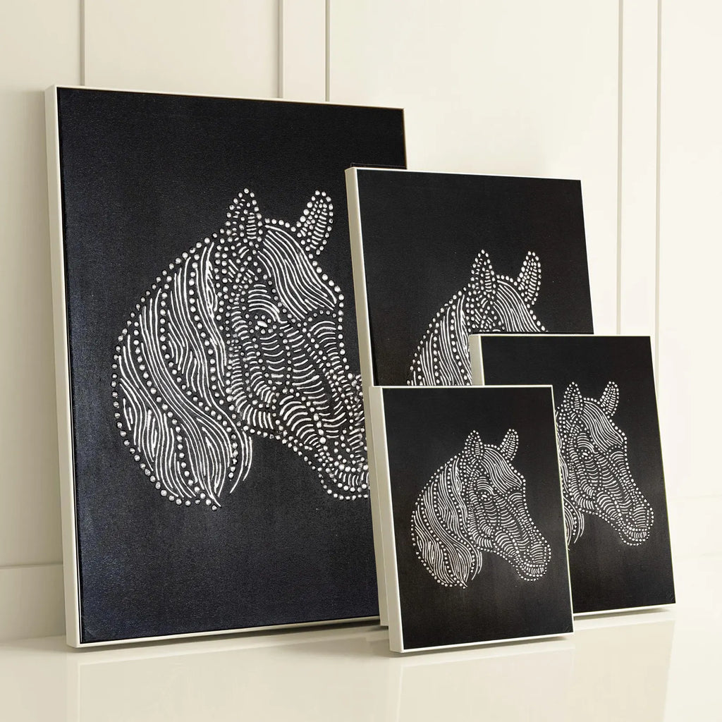 Textured horse canvas art shown in multiple size options