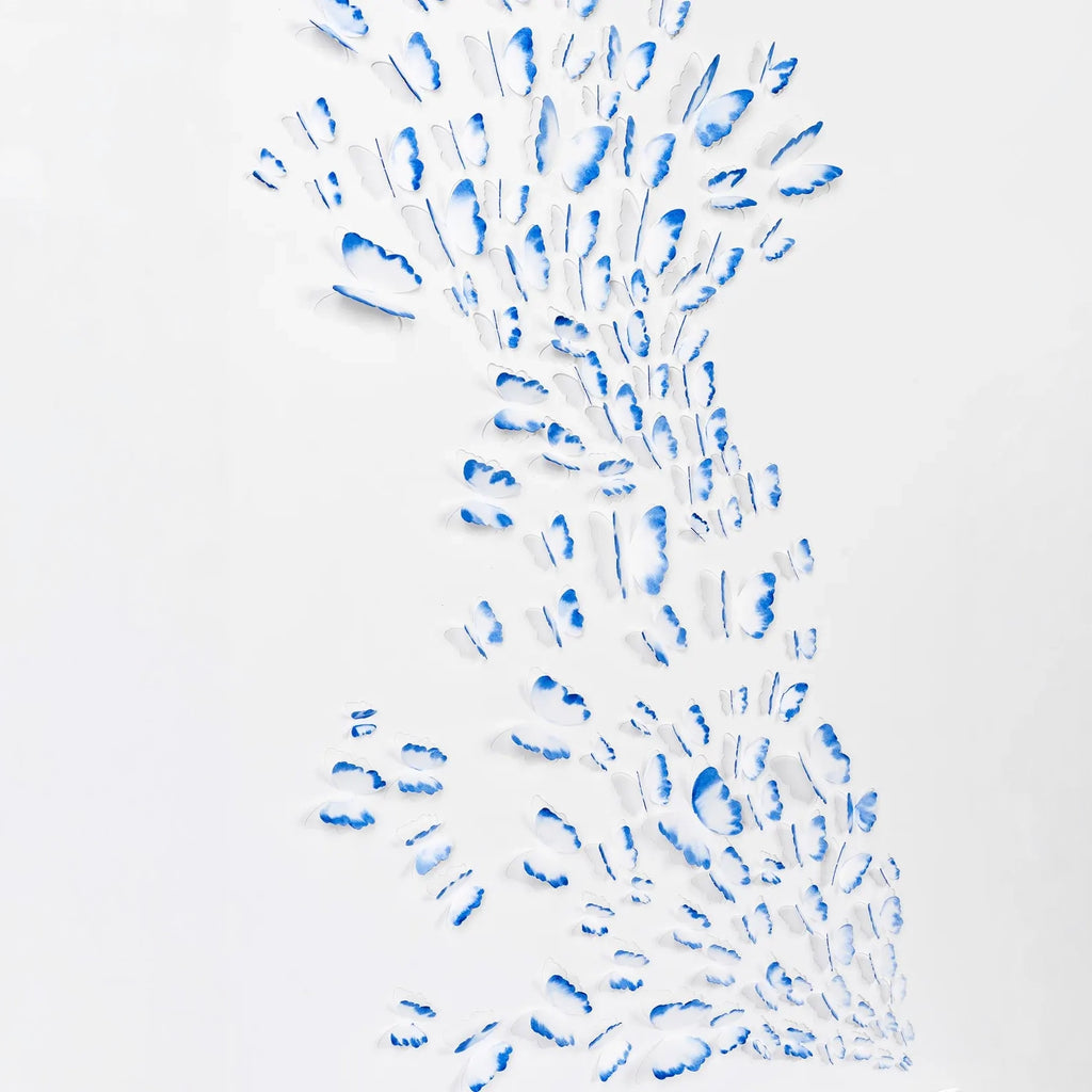 Angled full view of Blue Butterfly Wall Art showing its layered three-dimensional paper structure
