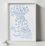 Blue Butterfly Wall Art in white frame showing the artwork up close in a minimal neutral setting