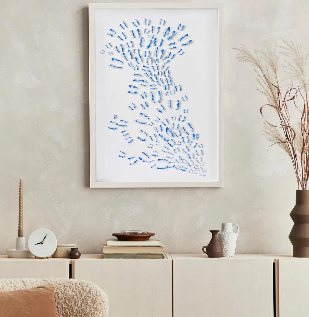 Blue Butterfly Wall Art styled above a modern console in a calm neutral interior