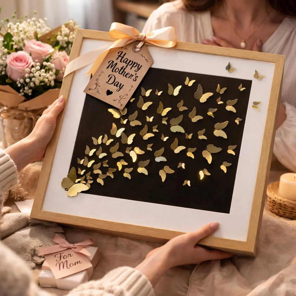 Horizontal framed gold butterfly 3D paper wall art with scattering composition