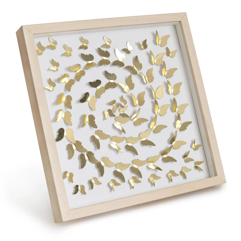 Angled view of Gold Butterfly Spiral Wall Art showing the layered 3D paper butterfly composition