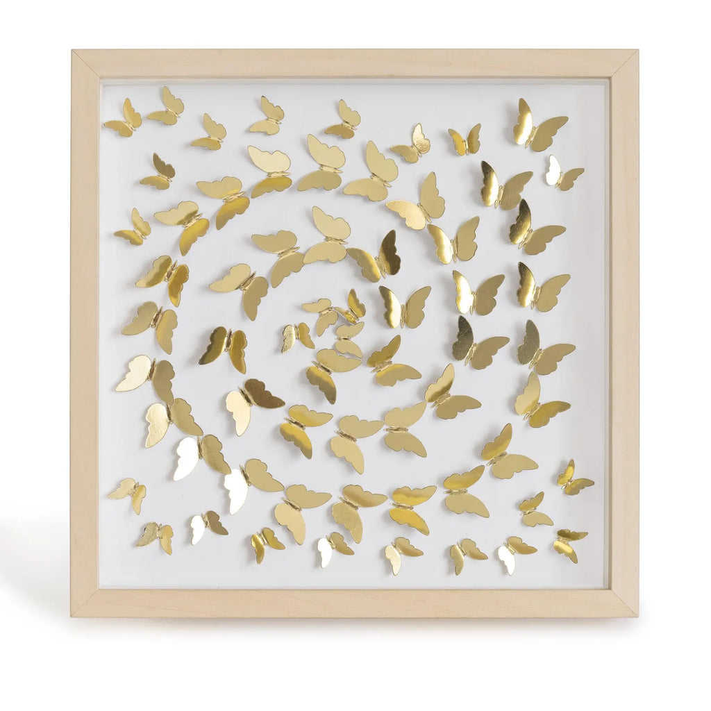 Gold Butterfly Spiral Wall Art in natural wood frame shown on a clean light background