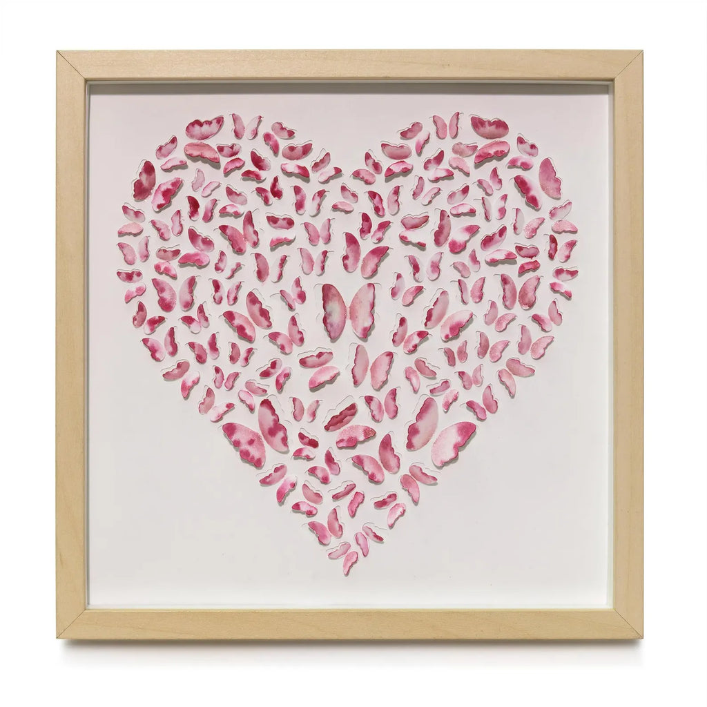 Pink Butterfly Heart Wall Art in natural wood frame shown on a clean light background