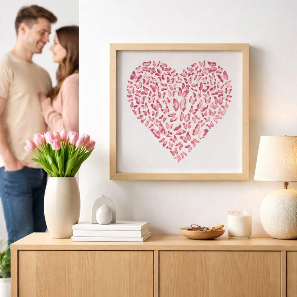 Pink Butterfly Heart Wall Art displayed in a romantic modern home interior