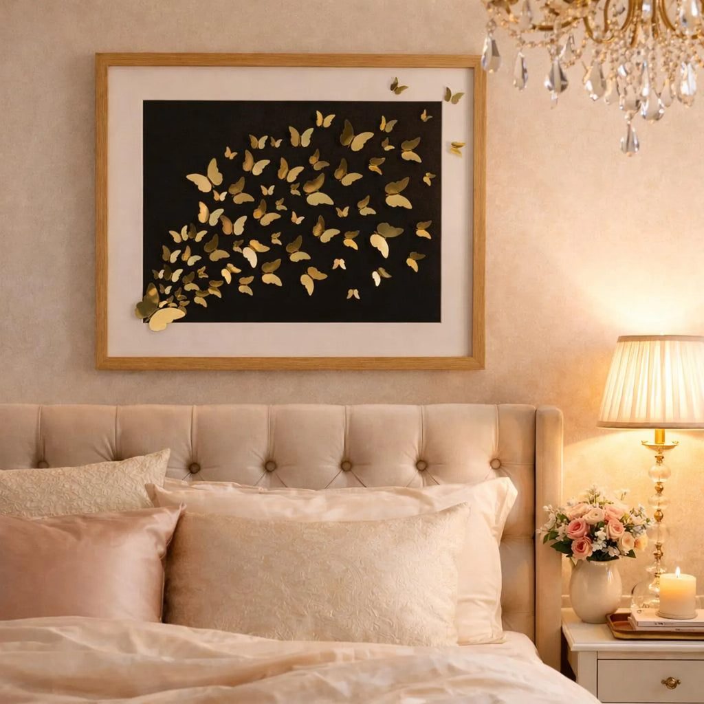 Front view of gold butterfly wall art in a frame on dark background