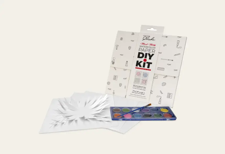 Atelier Aisha 3D watercolor paper DIY art kit with pre-cut paper design, watercolor paints and brush.