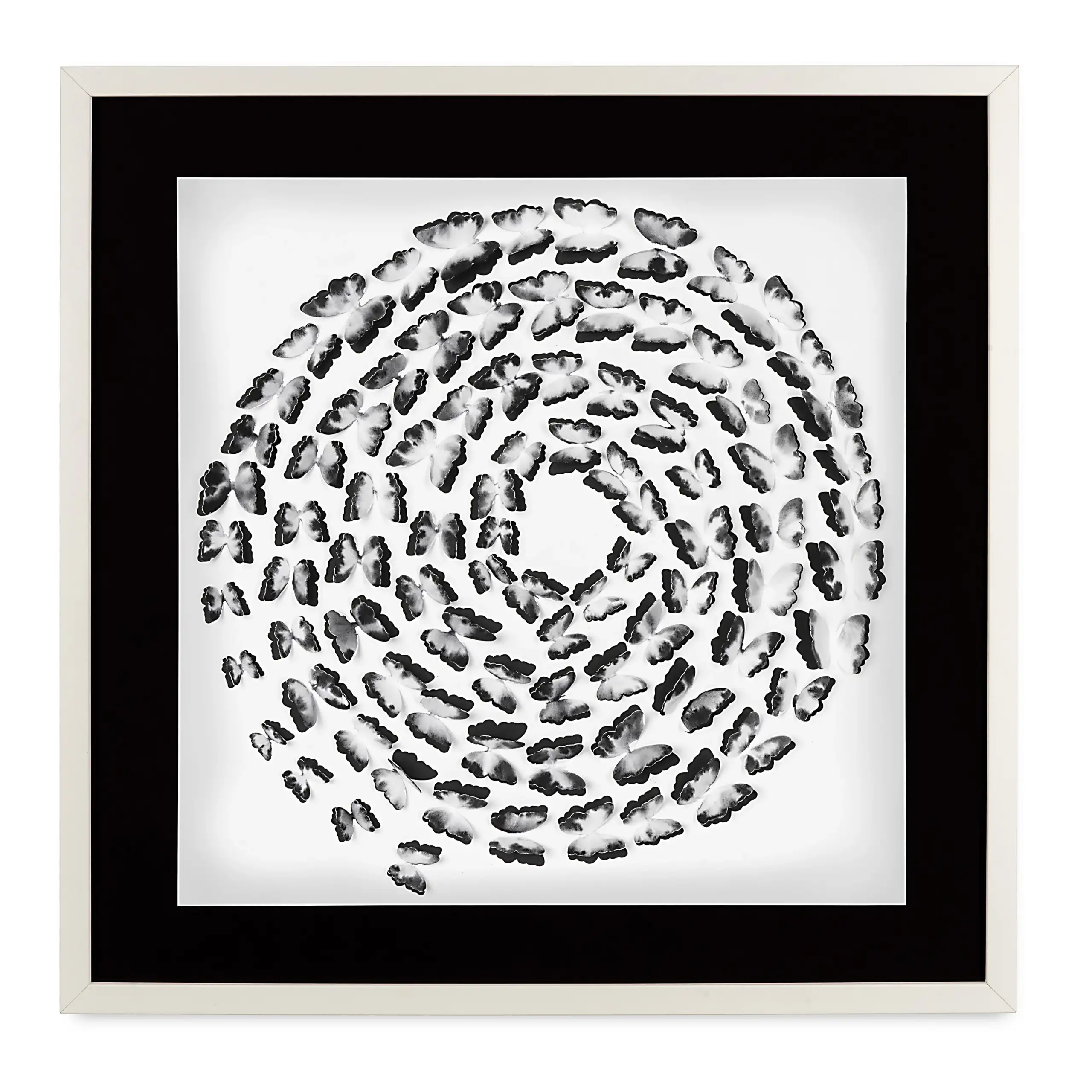 Black and White Butterfly Spiral 3D butterfly wall art in a white frame with black mat