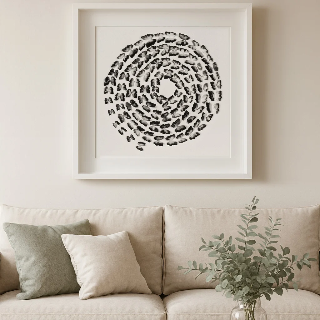 Black and White Butterfly Spiral 3D paper wall art shown in a white square frame in a clean neutral setting