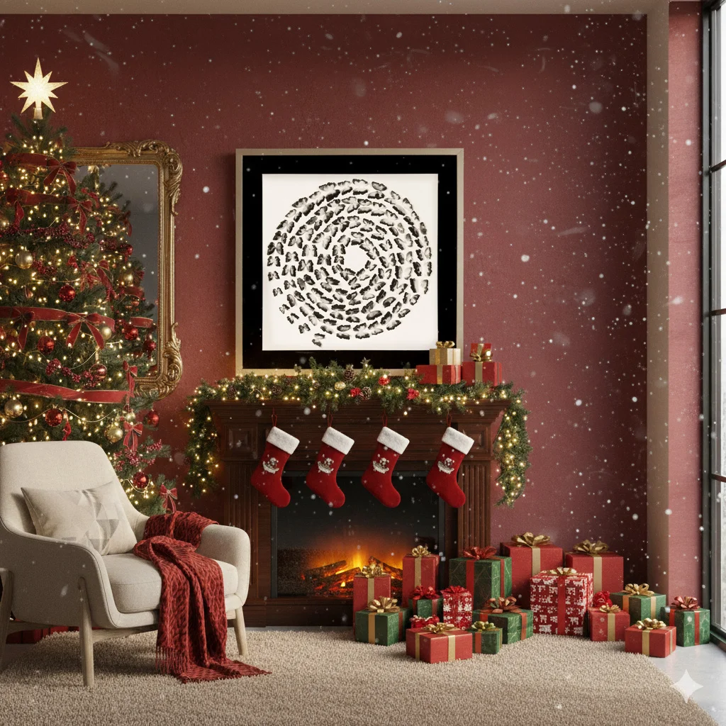 Black and White Butterfly Spiral 3D wall art displayed above a fireplace in a rich burgundy interior