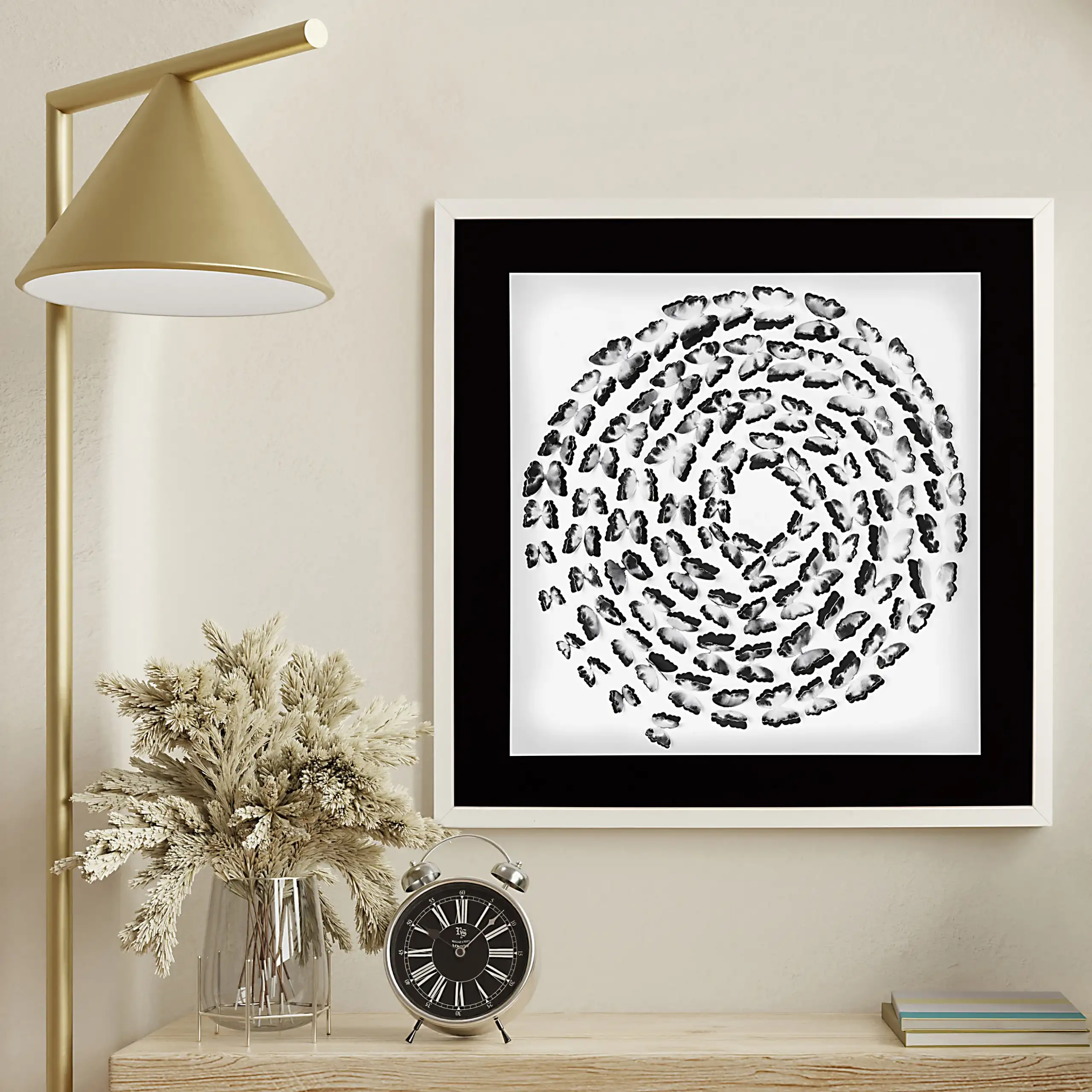 Black and White Butterfly Spiral 3D wall art styled in a calm neutral interior