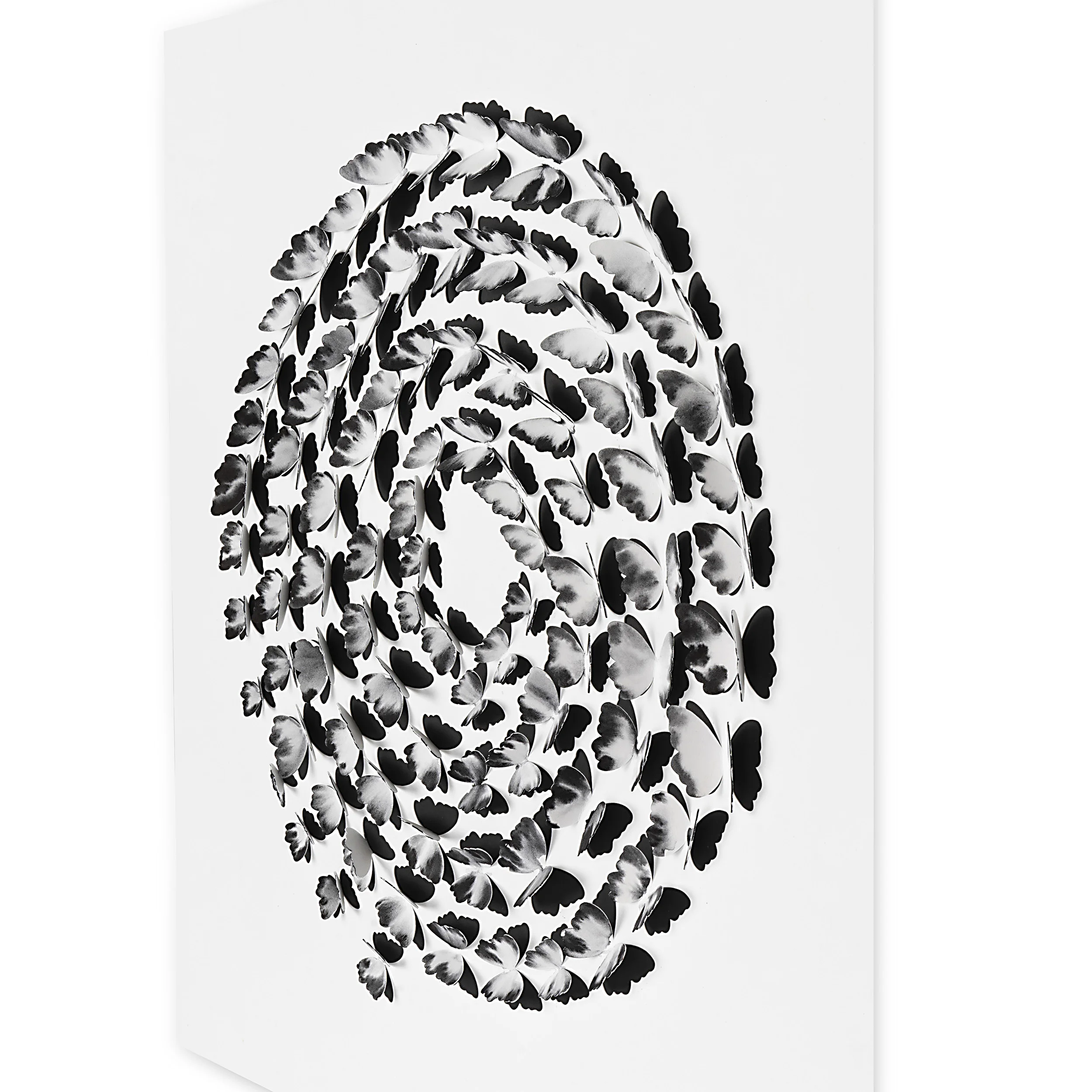 Angled close-up of Black and White Butterfly Spiral artwork showing the raised 3D butterfly layers