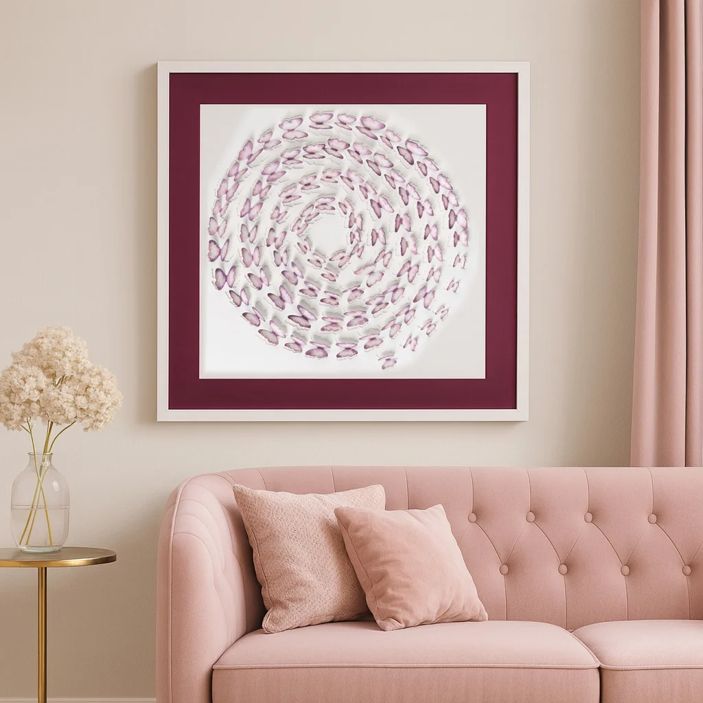 Valentine Pink Butterfly Shadow Box displayed above a blush pink sofa in a soft romantic interior