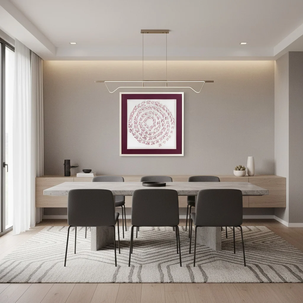 Valentine Pink Butterfly Shadow Box displayed above a dining table in a modern neutral room