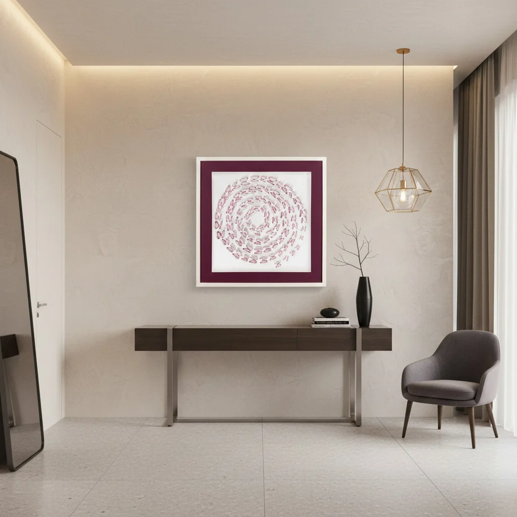 Valentine Pink Butterfly Shadow Box styled above a console table in a calm modern interior