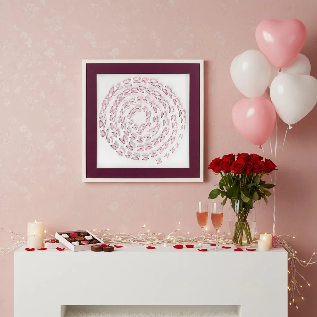 Valentine Pink Butterfly Shadow Box displayed above a romantic mantel with roses, candles, and balloons