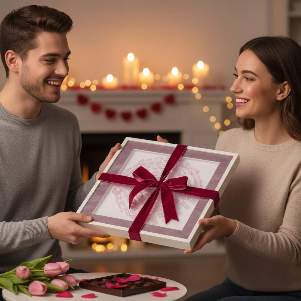 Valentine Pink Butterfly Shadow Box presented as a romantic handmade gift with ribbon and candles