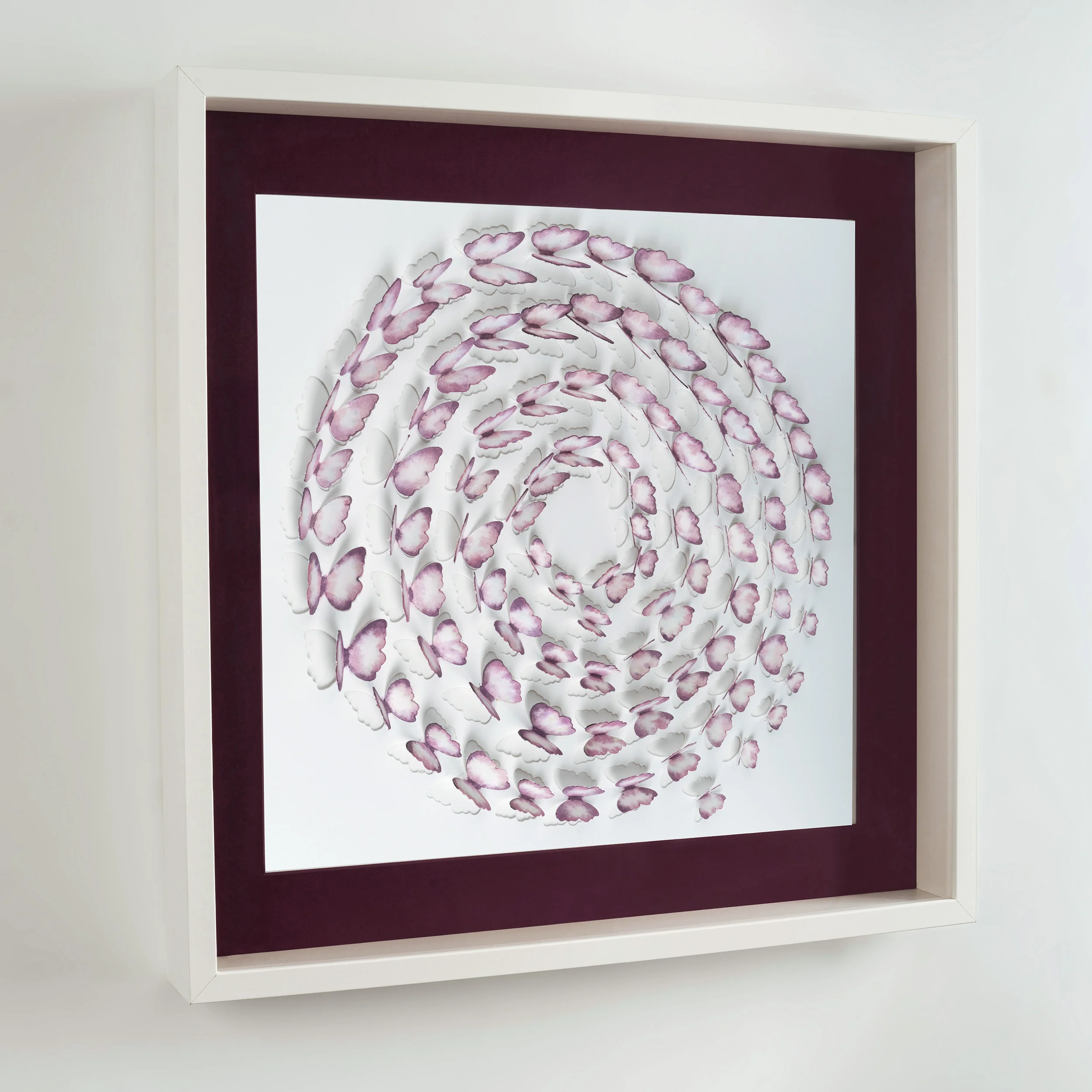 Valentine Pink Butterfly Shadow Box shown in a white frame with deep rose mat on a neutral wall
