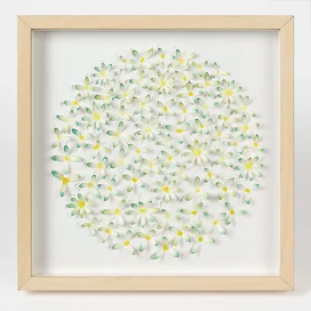 Front view of handmade 3D daisy watercolor wall art in a light wood shadow box frame