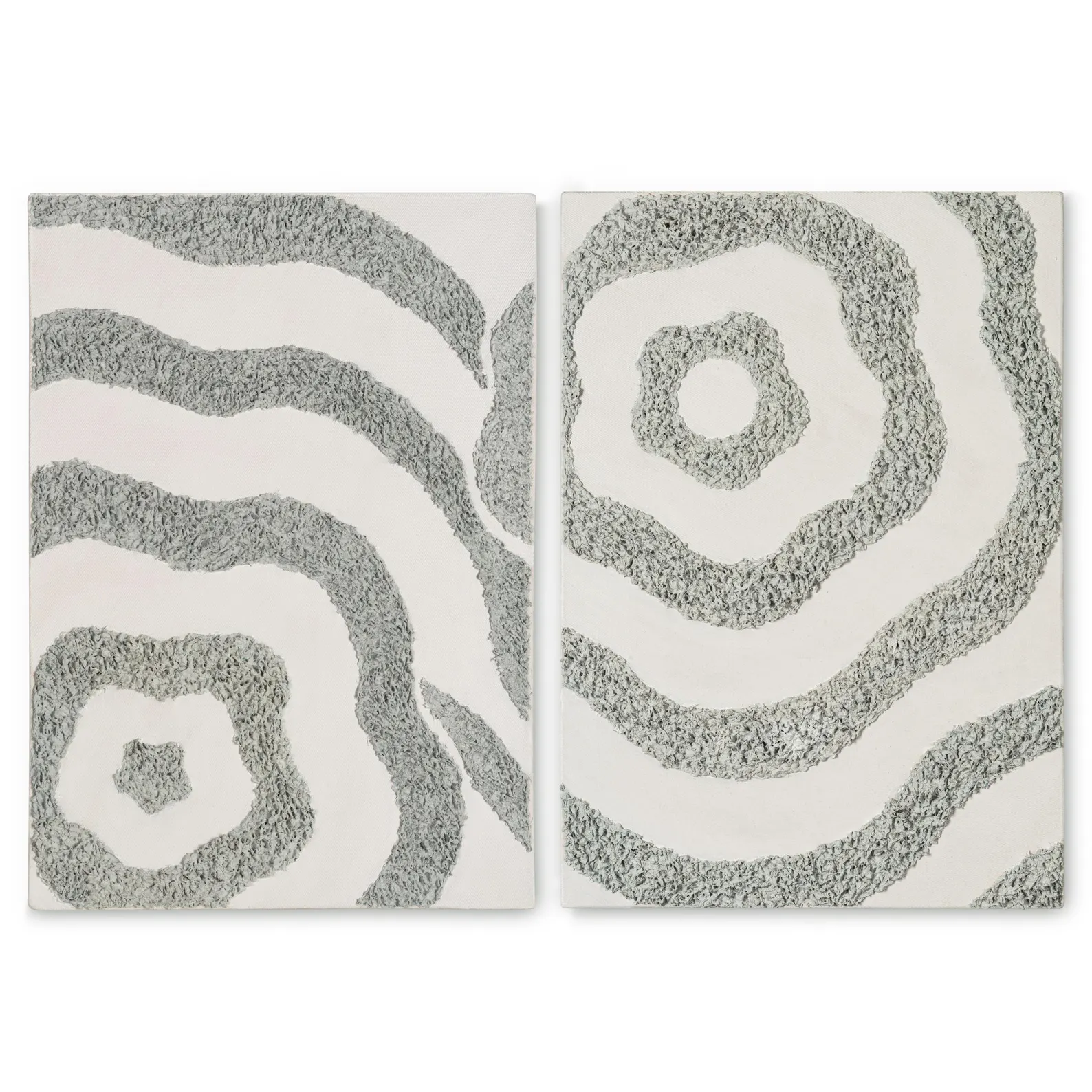 Front view of two textured abstract canvas artworks with grey raised patterns on white canvas