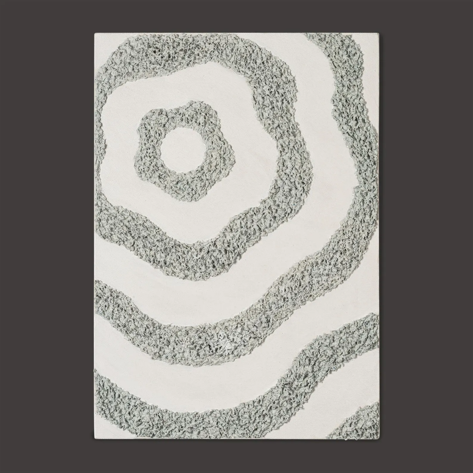 Right panel of a two piece textured abstract canvas set with grey circular raised texture on white canvas