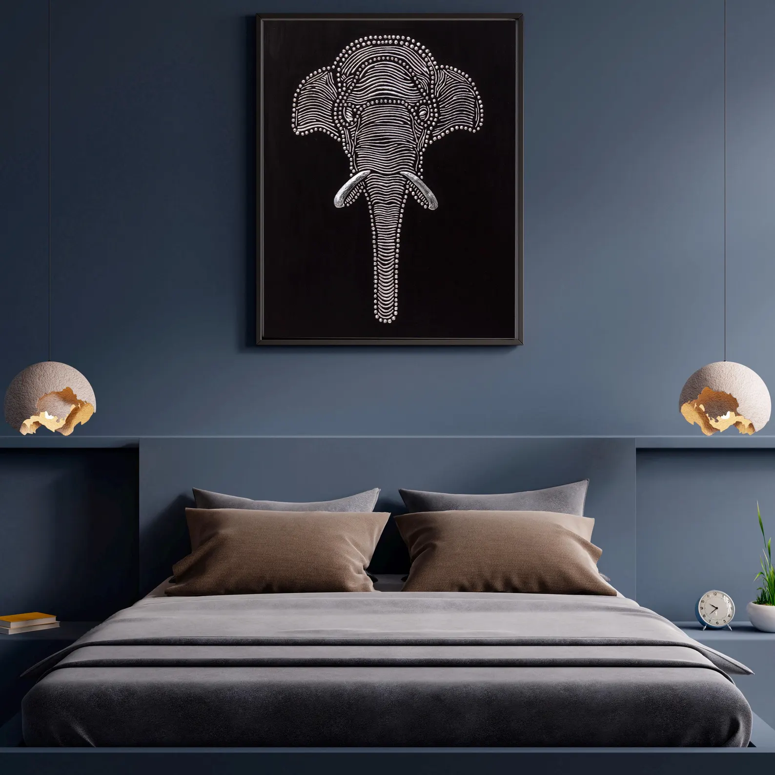 Textured elephant wall art displayed above a bed in a modern blue bedroom with dark, elegant interior styling.
