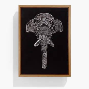 Front view of handmade textured elephant wall art on black canvas with silver relief details in a wooden frame.
