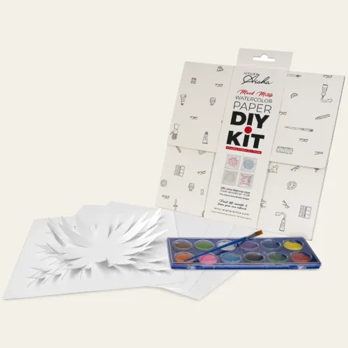 Atelier Aisha 3D watercolor paper DIY kit with pre-cut paper design, watercolor paint set, brush, and packaging.