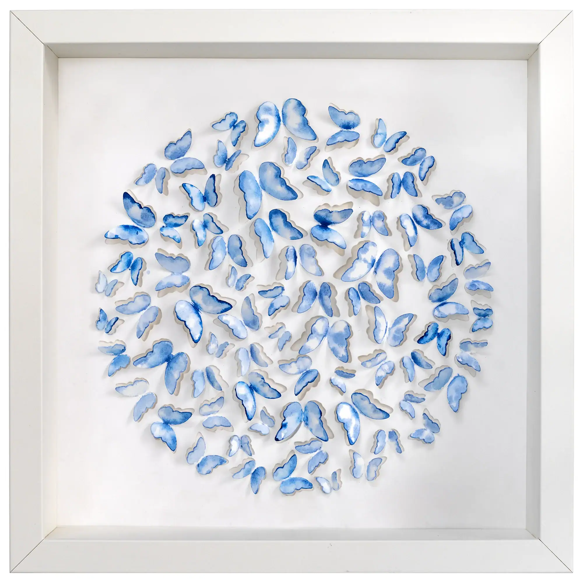 Framed blue butterfly 3D watercolor paper art displayed in a white shadow box frame.