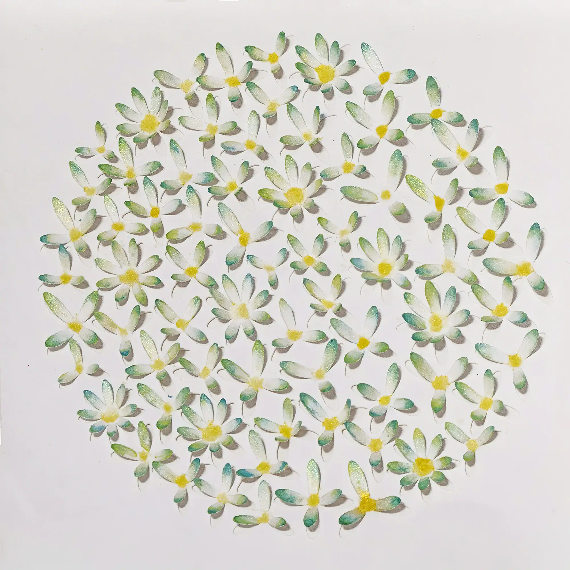 Finished green daisy 3D watercolor paper art with raised floral petals in a circular design.