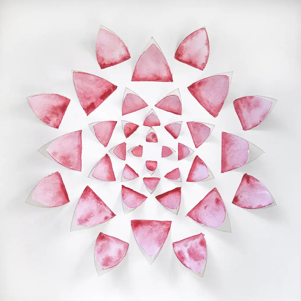 Finished pink lotus 3D watercolor paper art made from pre-cut raised paper petals.