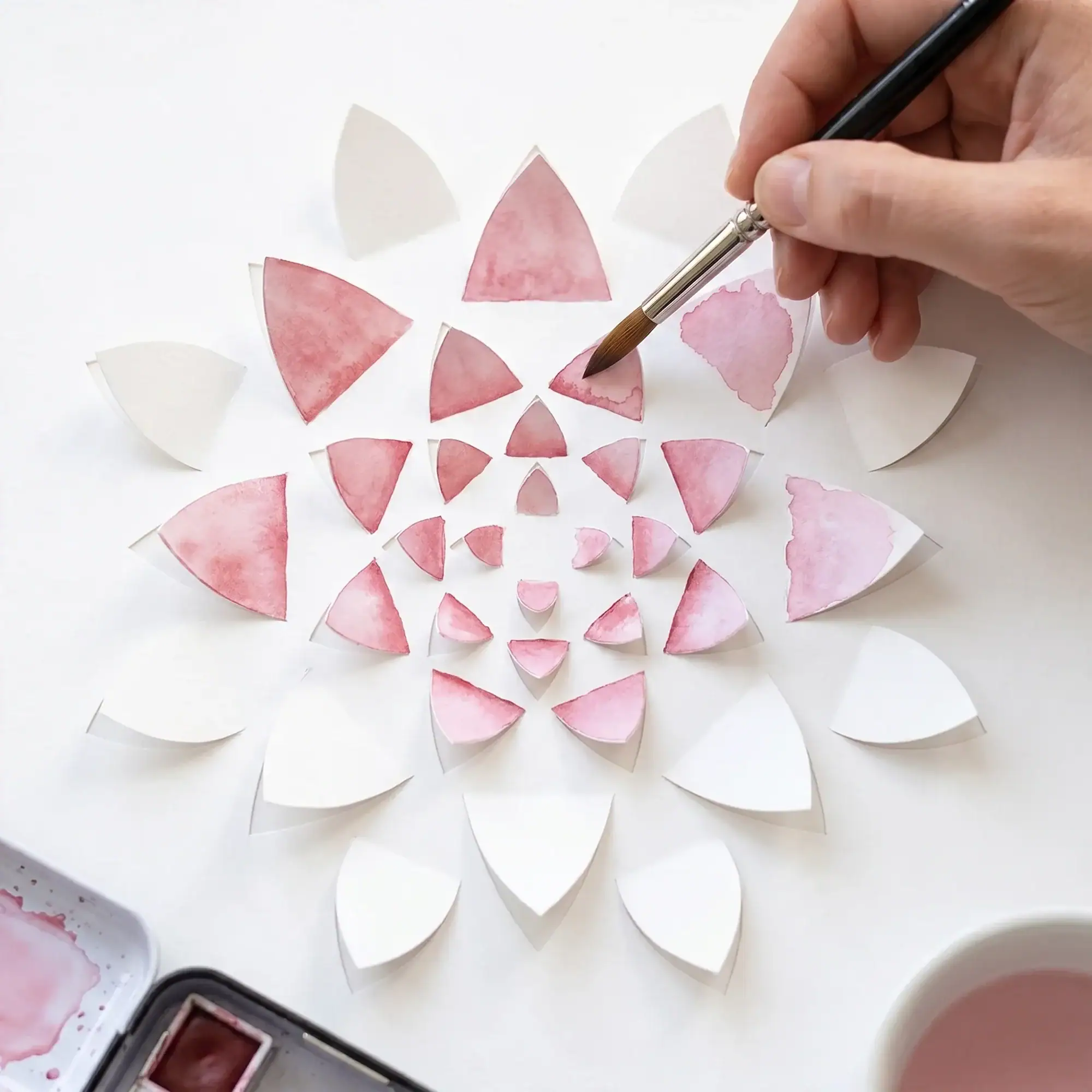 Hand painting a pink lotus 3D watercolor paper DIY kit with pre-cut raised paper petals.