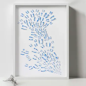 Close view of blue butterfly 3D watercolor wall art in a white shadow box frame