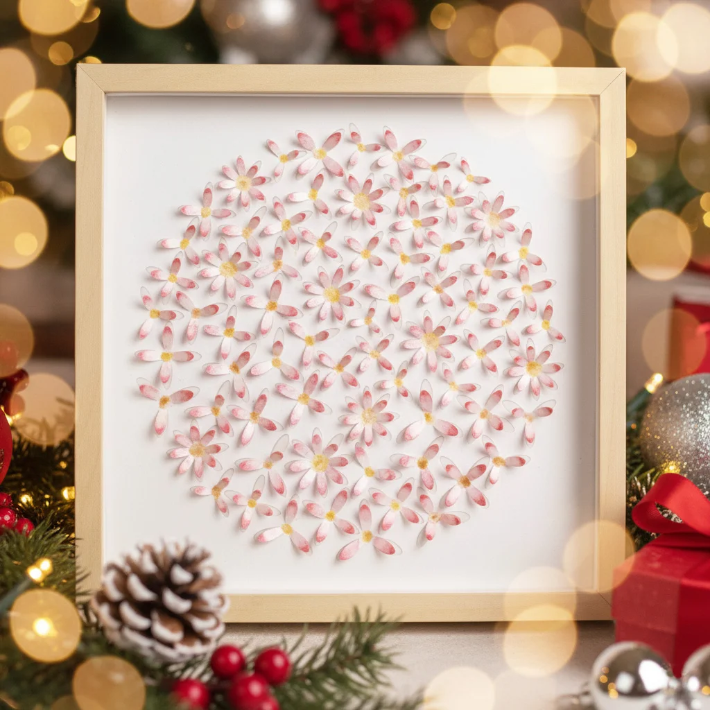 Pink daisy circle 3D watercolor wall art styled with Christmas lights, ornaments and festive gift decor