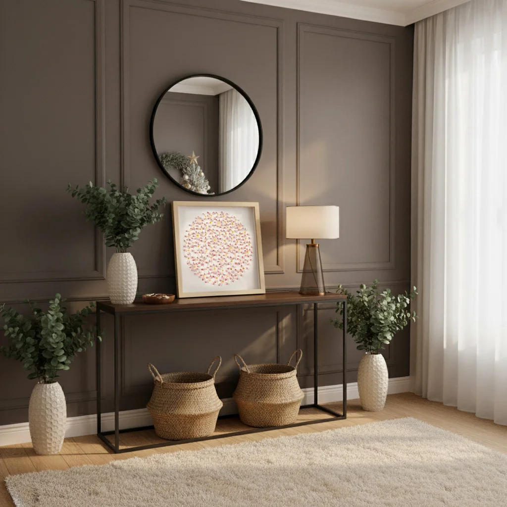 Pink daisy circle 3D watercolor wall art displayed on a modern console in a warm neutral interior